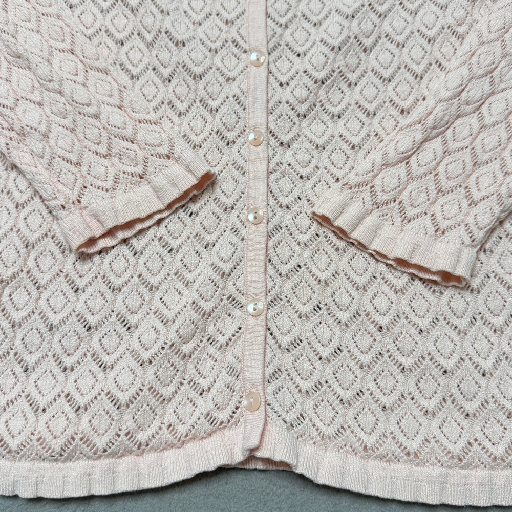 Ann Taylor Cardigan Women Small Pink Pointelle Knit Ruffle Hem Coquette Romantic - Picture 4 of 7